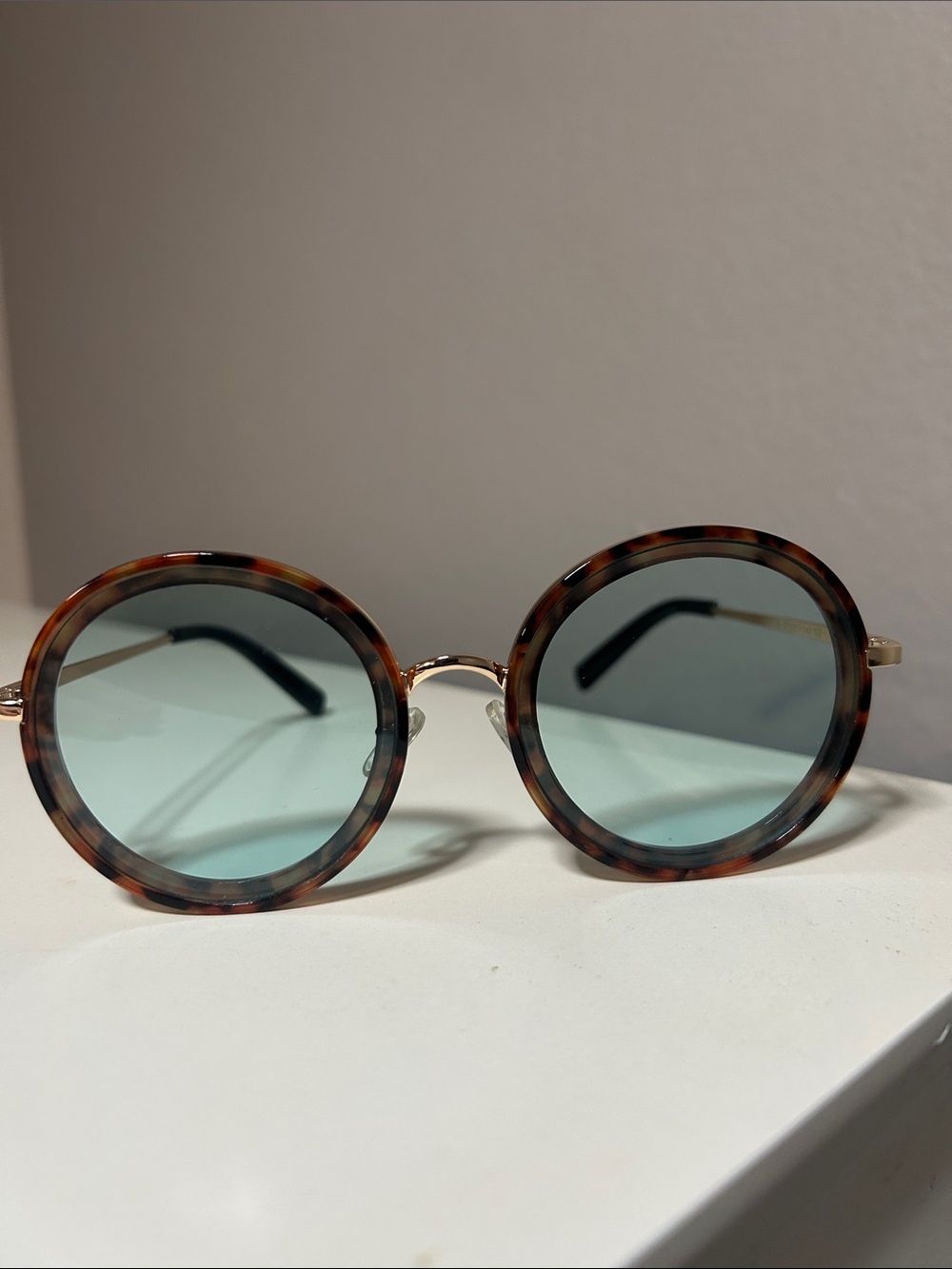 Tortoiseshell Round Sunglasses with Blue Lenses